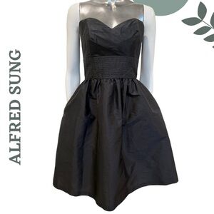 Alfred Sung Black Strapless Fit & Flare Taffeta Dress with Pockets Size 6